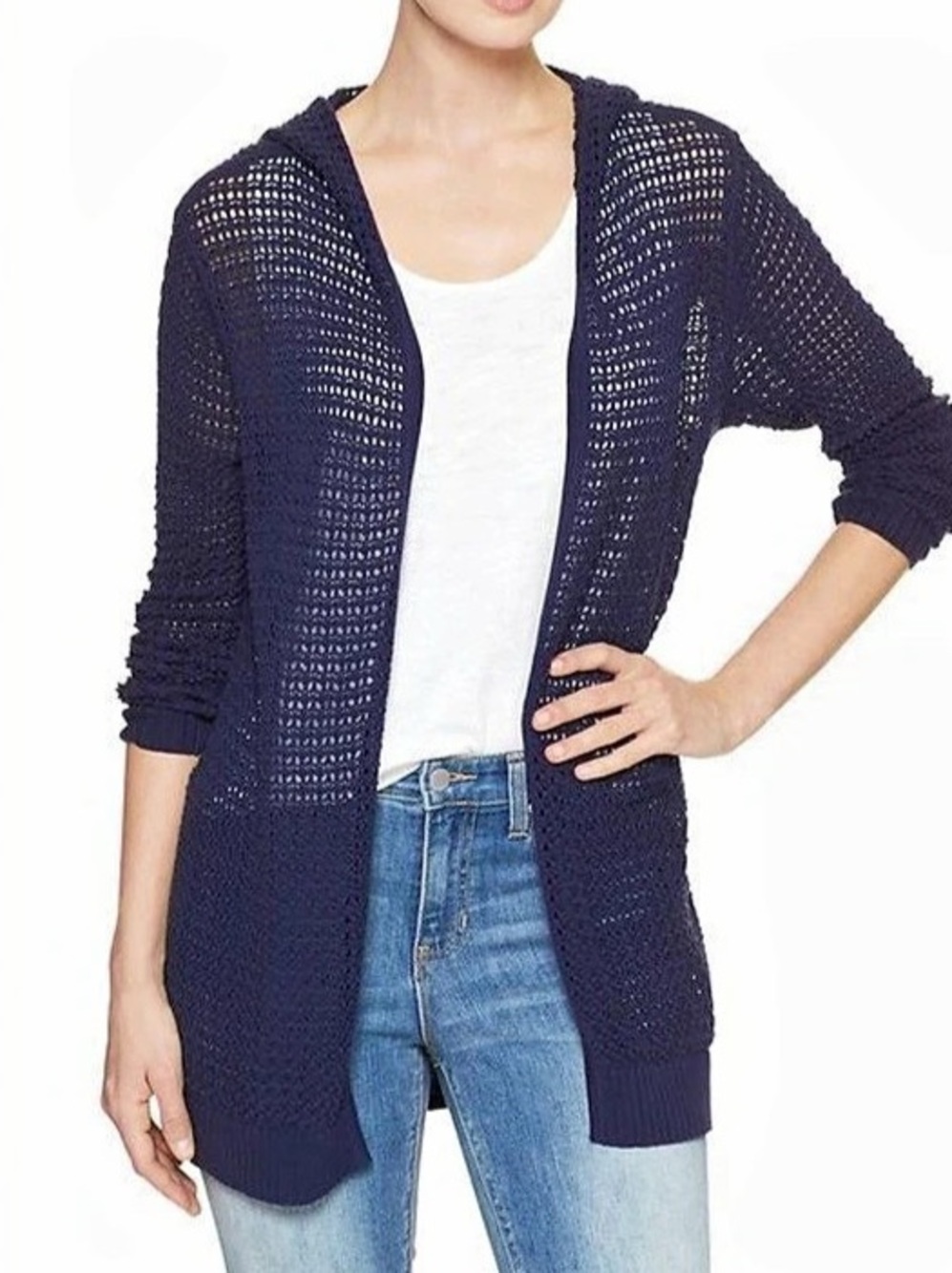 Gap Open Knit Hooded Cardigan Blue Size Medium